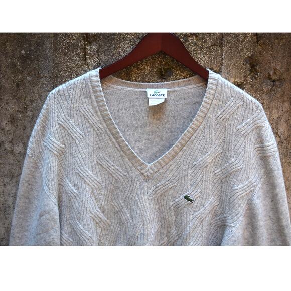 Lacoste Beige V-Neck Cable Knit Wool Blend Sweater Size 42 (M) - Picture 2 of 3